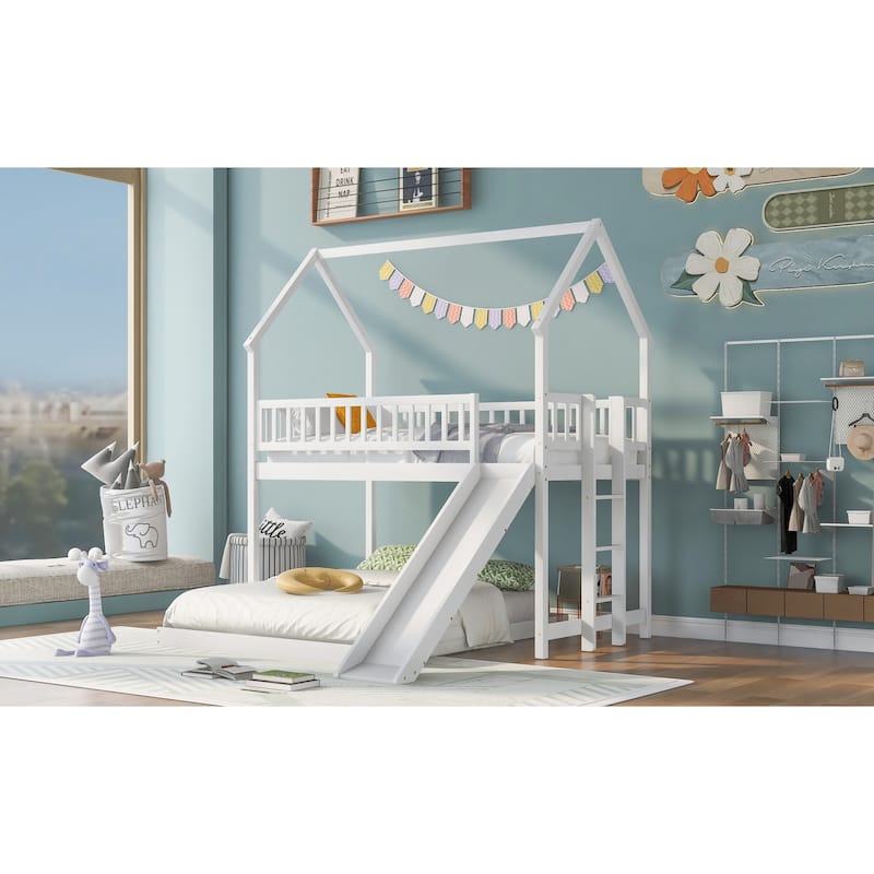 Twin over Full Bunk Bed w/Slide,Built-in Ladder,Full-Length Guardrail