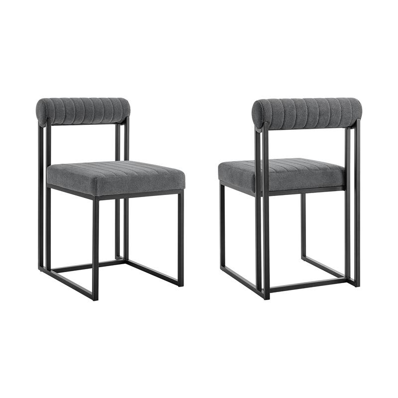 Dining Chairs Set of 2 with Channel Tufted Gray Fabric Upholstery, Matte Black Iron Frame - 17.5