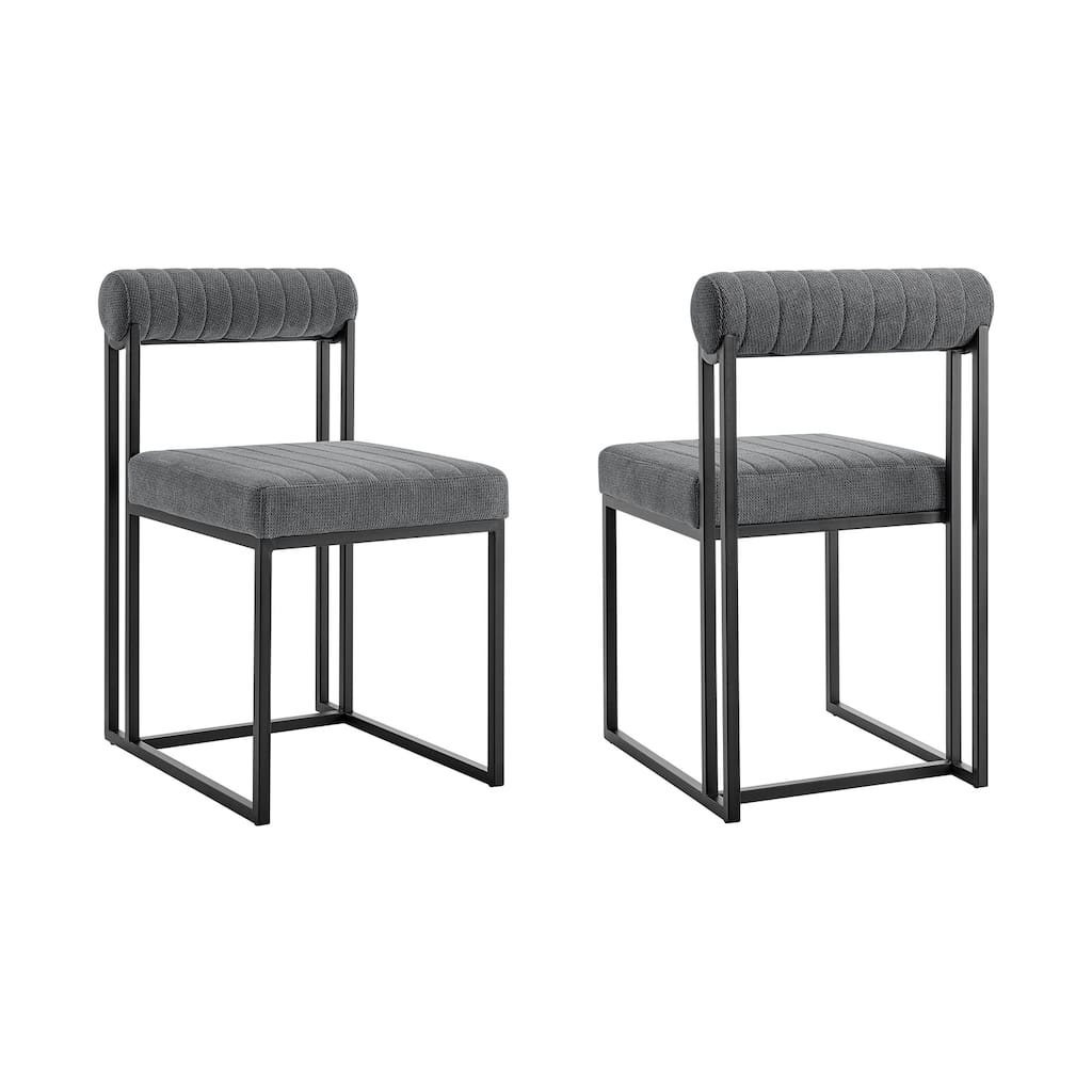 Dining Chairs Set of 2 with Channel Tufted Gray Fabric Upholstery, Matte Black Iron Frame - 17.5