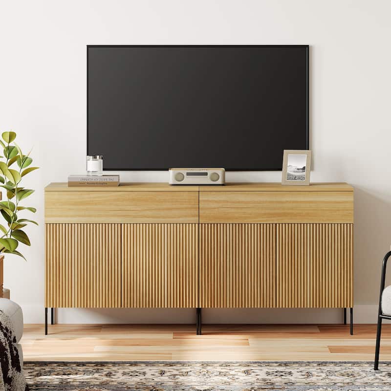 31.5" Modern Reeded TV Stand With Doors, Entertainment Center With Shelf, Wooden TV Console - 2PCS - Oak