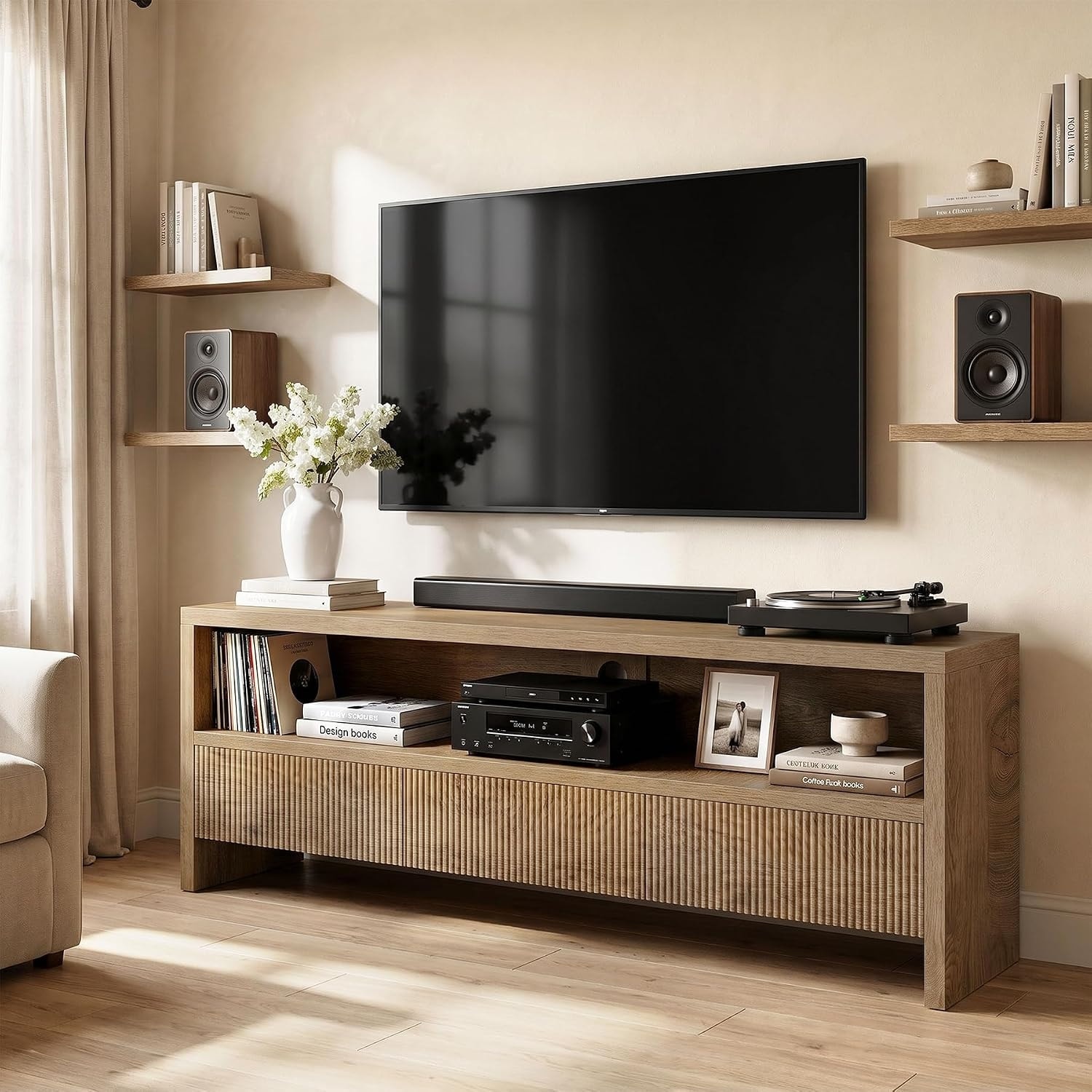 63-Inch TV Stand with 3 Drawers, Farmhouse Media Console