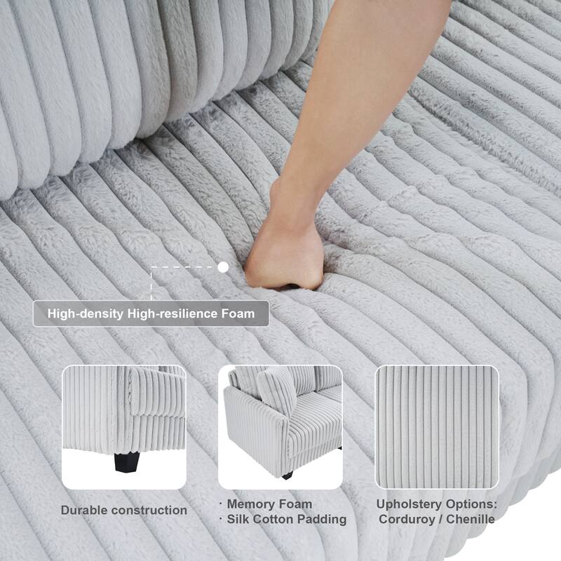 L-Shaped Modular Sectional Sofa, Vertical Corduroy Upholstered Sofa with Dual Charging Ports, Comfy 3 Seat Sofa with Ottoman