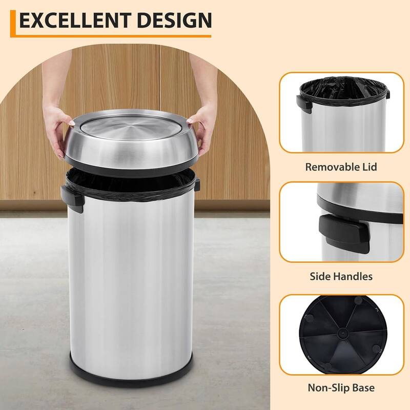 17 Gallon Stainless Steel Kitchen Waste Bin, 65L High-Capacity