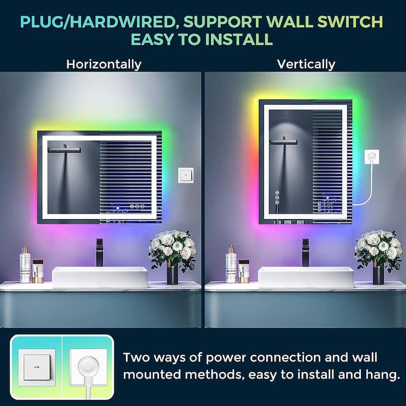 Super Bright RGB Backlit & LED Frontlit Anti-Fog Bathroom Vanity Mirror in Tempered Glass & ETL