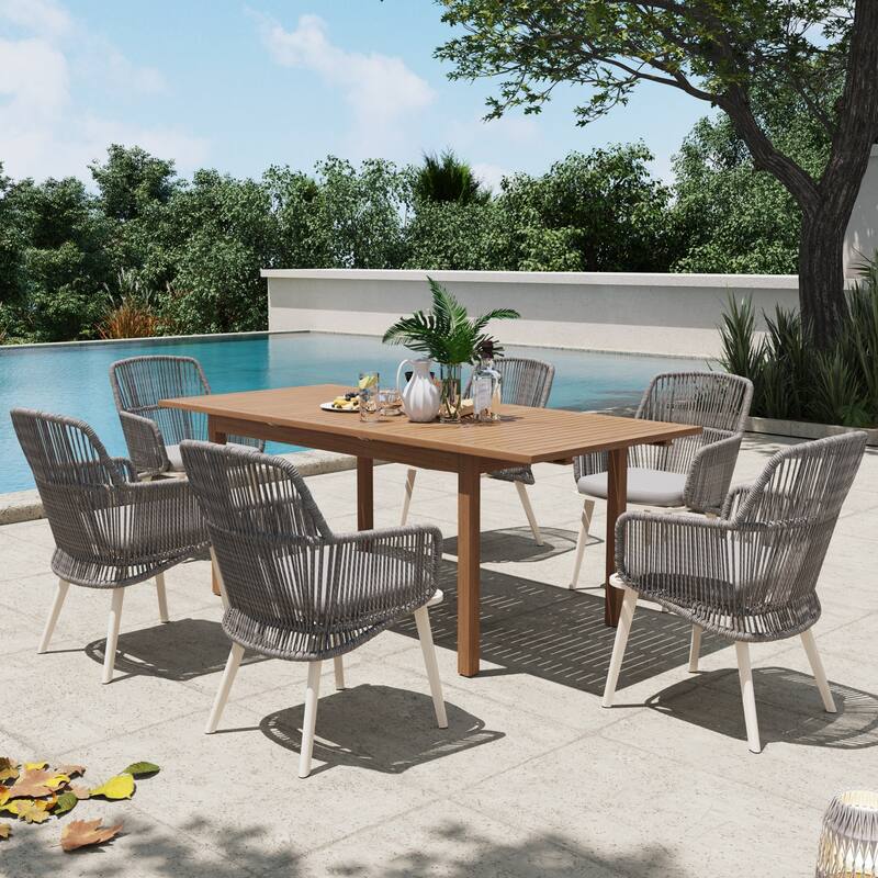 Outdoor Patio Dining Set PE Wicker Arm Chair and Extendable Dining Table (7-Piece Set)