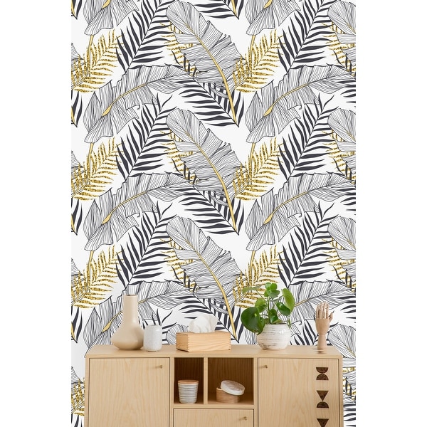 Tropical Gold Leaves Removable Wallpaper - Overstock - 33275105
