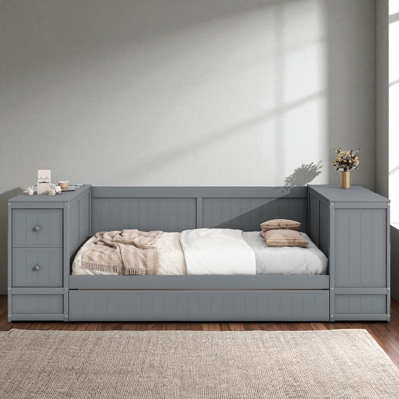 Twin Size Daybed with Storage Arms, Trundle and Charging Station, Solid Wood Frame with Drawers and USB Ports