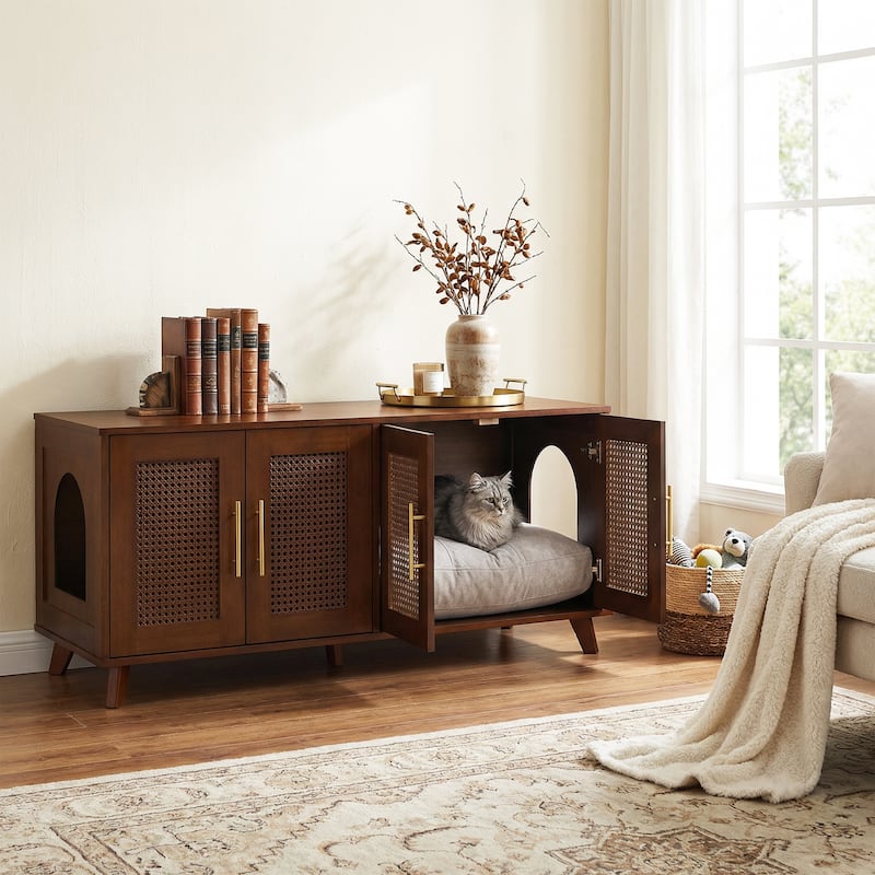 Christopher Knight Home - 47"W Rubber Wood Cat Cabinet with Rattan Doors & Cushion
