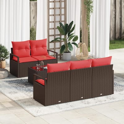 vidaXL 6 Garden Sofa Set with Cushions Black/Brown/Grey Poly Rattan - 68.9 x 24.4 x 27.2