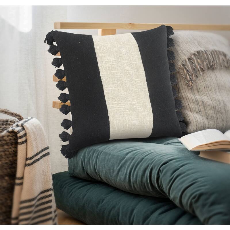 20" Off-White and Black Striped Pattern Square Throw Pillow with Fringe