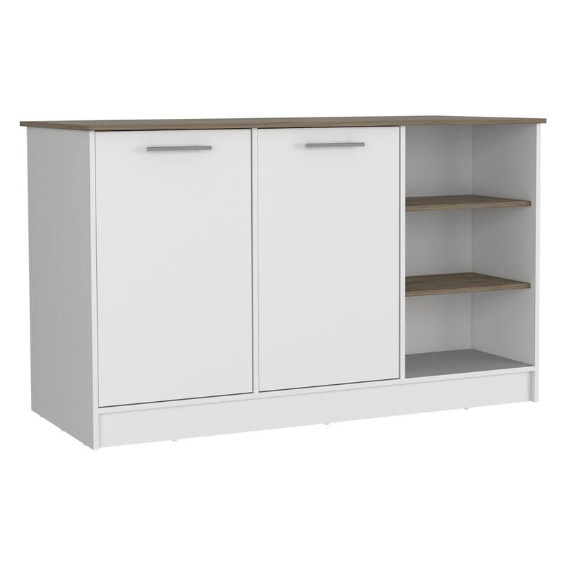 Multi-functional Kitchen Island Cart with Storage Cabinets and Open Shelves, 59.05"W x 26.37"D, White and Dark Brown Finish