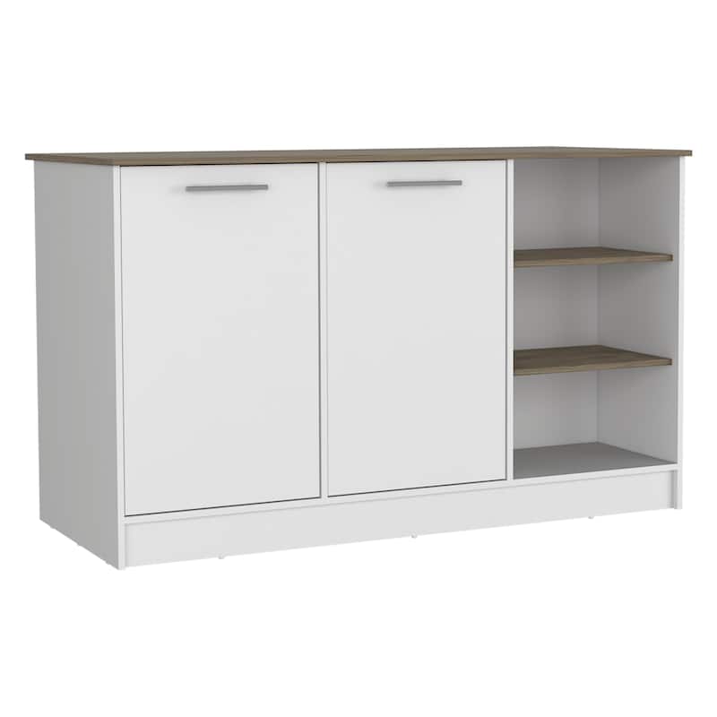 White and Dark Brown Kitchen Island, Two Cabinets, Three Open Shelves for Storage