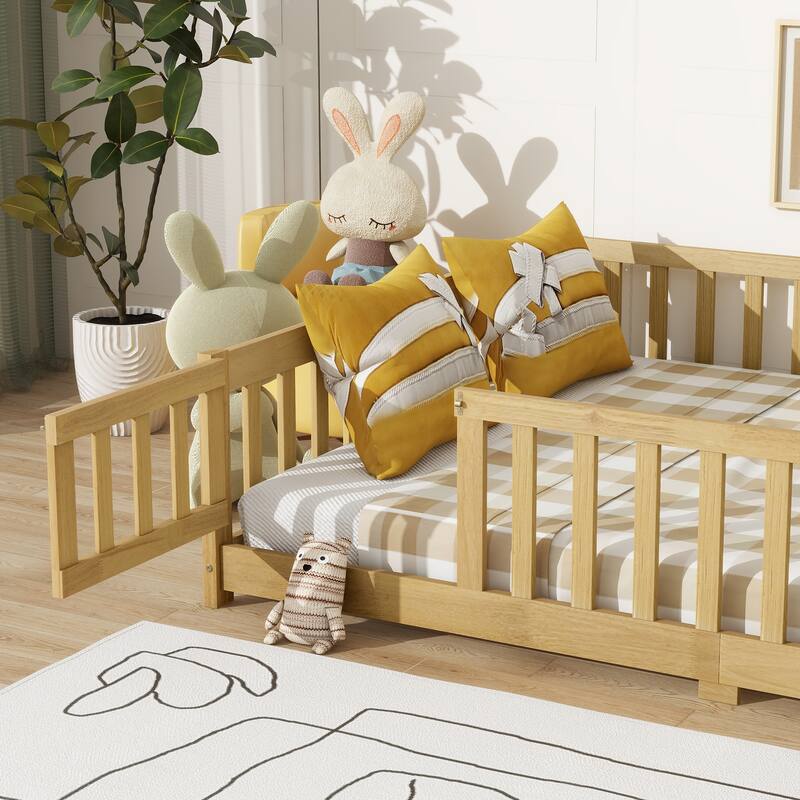 White Full Size Wooden Floor Bed with Fence & Door, Rubber, Safety Guardrails