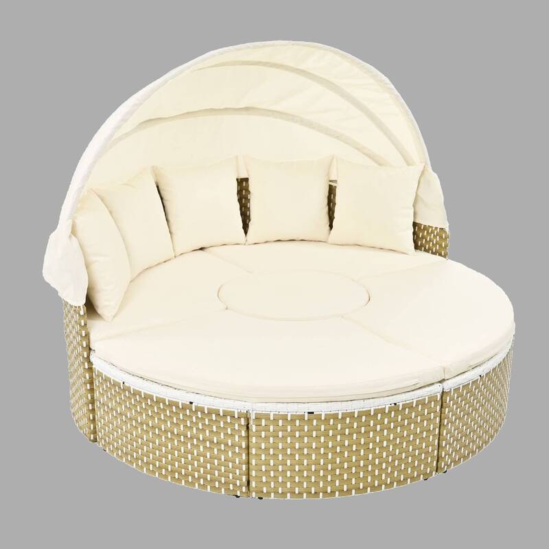 Round Outdoor Rattan Sectional Sofa with Adjustable Canopy & Cushions, PE Wicker Daybed with Coffee Table & Ottoman - Beige