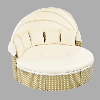 Round Outdoor Rattan Sectional Sofa with Adjustable Canopy & Cushions, PE Wicker Daybed with Coffee Table & Ottoman