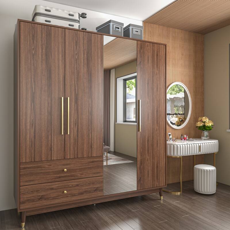Wooden 2 Drawers 4 Doors Wardrobe Armoire With Mirror (Gray/Black)