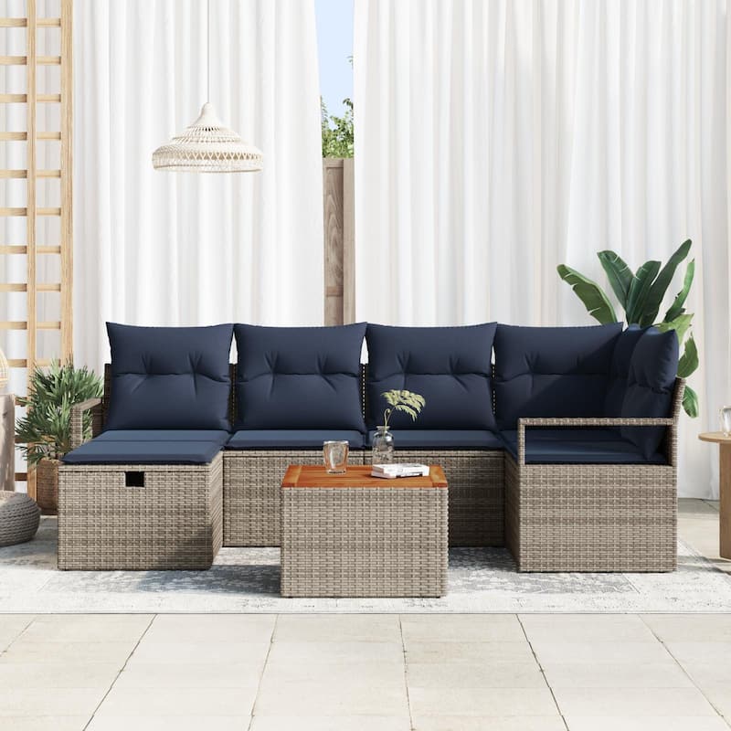 vidaXL 7 Garden Sofa Set with Cushions Black/Grey Poly Rattan - 91.3 x 48 x 27.2