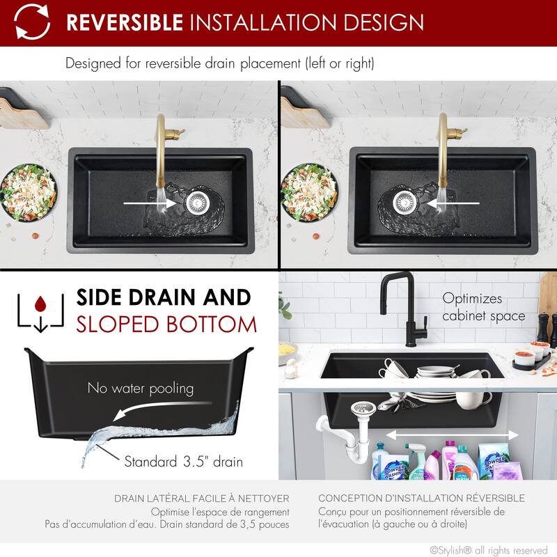 STYLISH Dual Mount 32" Single-Bowl Composite Granite Kitchen Sink - 32" x 18" x 9.5"