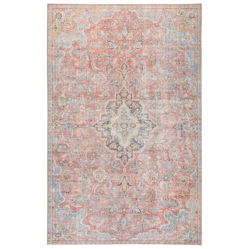 Gracewood Hollow Eddo Machine Washable Indoor/Outdoor Red and Light Blue Medallion Area Rug - 2'6"X7'6"