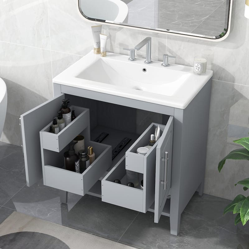 30"Bathroom Vanity with Sink,Multi-functional Bathroom Cabinet with Doors and Drawers,Solid Frame,MDF Board