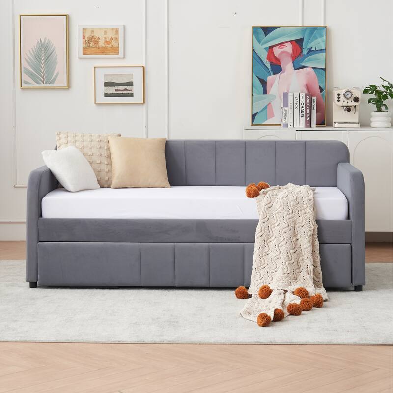 Twin Size Velvet Upholstered Daybed, Wood Sofa Bed Frame Daybed Couch with Trundle Bed and Wood Slat