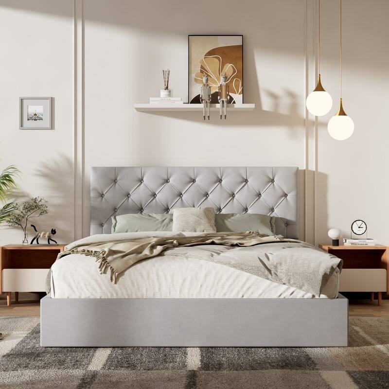 Plywood Frame Upholstered Platform Bed with Lift-up Storage Supported by Metal and Wooden Slats - Beige - Queen