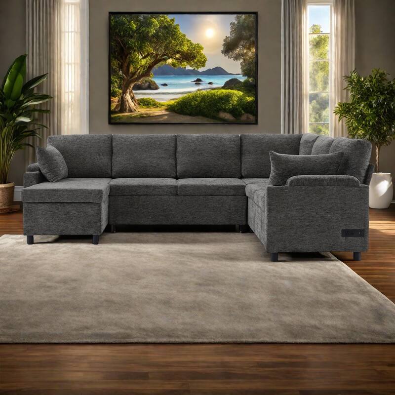 109.9" Chenille U-Shaped Sectional Sofa with Sofa Bed, Built-in Storage, Cup Holders and Charging Ports - Grey