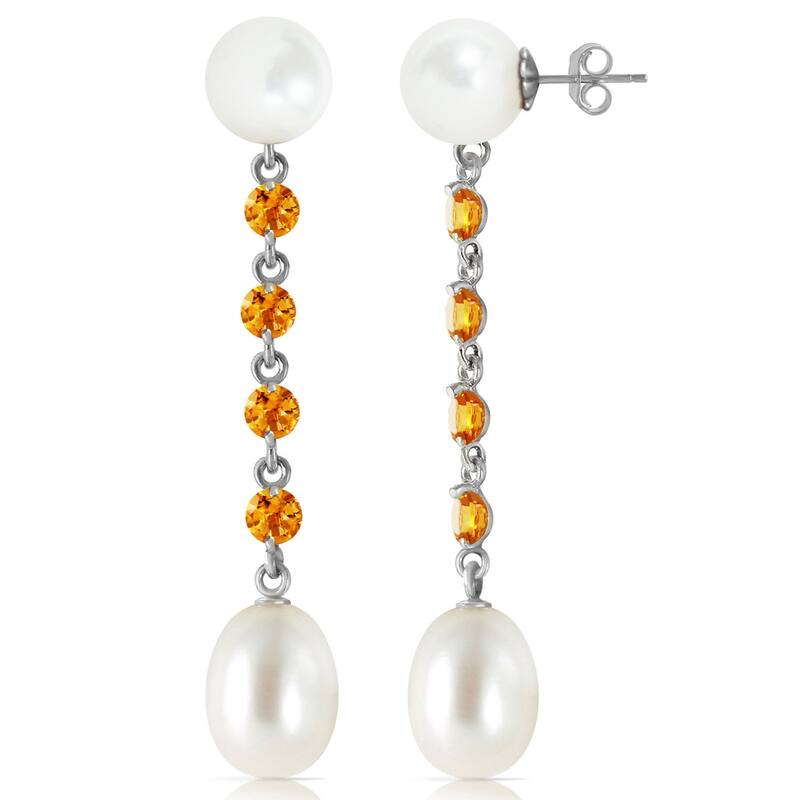 14K Solid Gold Chandelier Natural Citrine & Pearl Gemstone Earrings - White