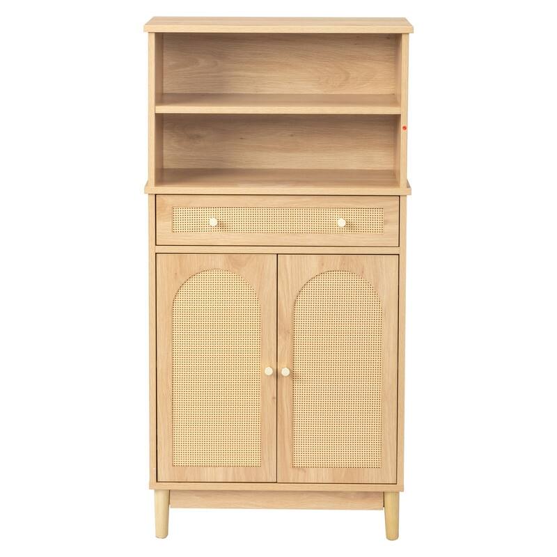 Oak Bathroom Storage Cabinet 1 Drawer 2 Door 4 Tier with Rattan Surface - Oak - Wood Finish