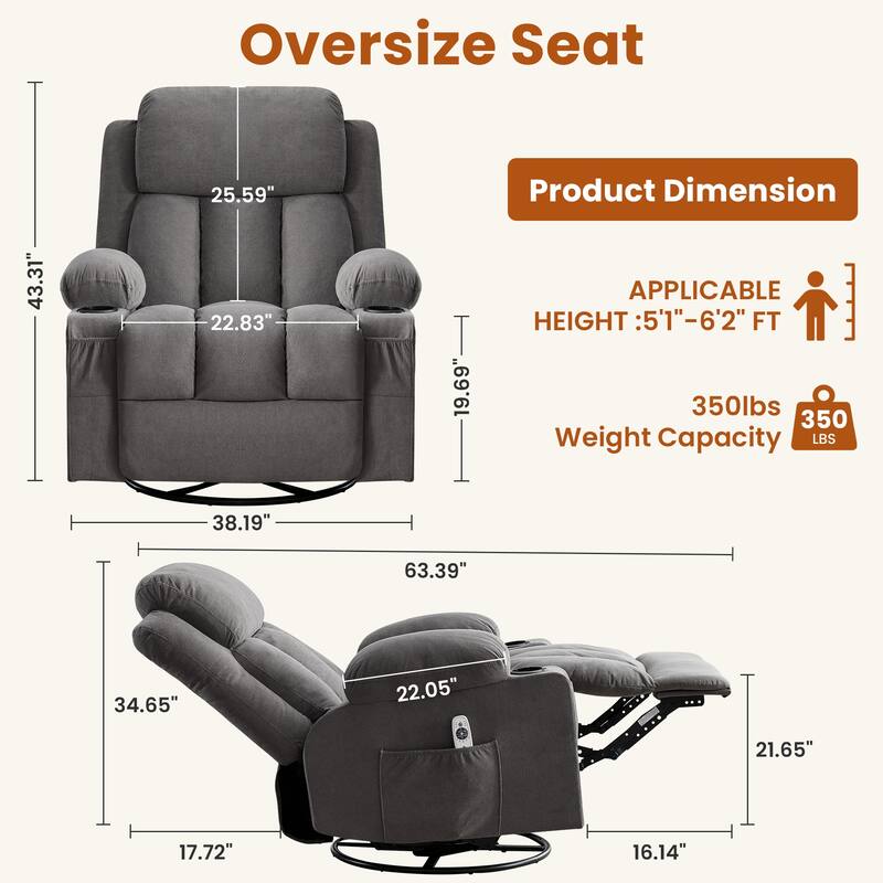 Swivel Rocker Recliner Chair with Vibration Massage and Heat, with Rocking and Side Pocket, USB Charge Port, 2 cup holders