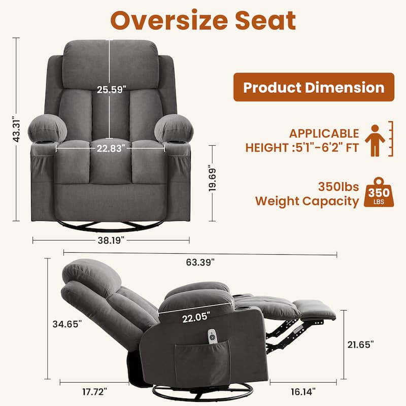 Swivel Rocker Recliner Chair with Vibration Massage and Heat for Living Room