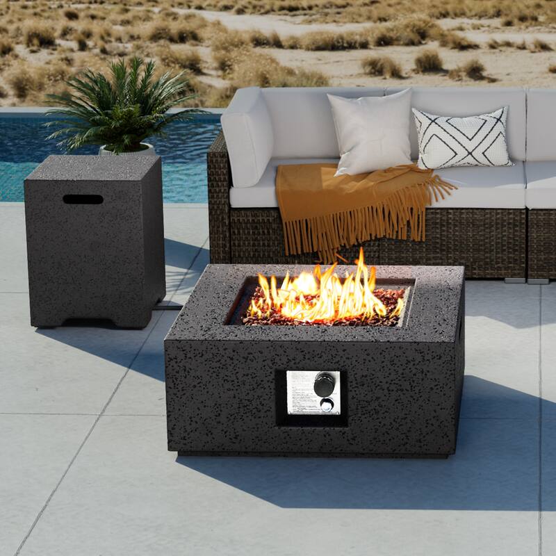 COSIEST 2-Piece Outdoor Square Fire Pit w Tank Cover Table - 28" W x 28" L x 12" H - Grey
