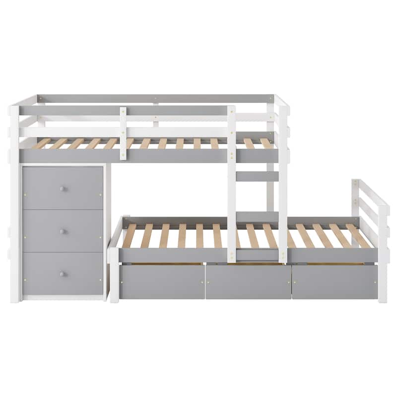 Twin over Twin Loft Bunk Bed with Ladder and Safety Guardrail, Solid Pinewood Twin Size Bunk Bed Frame with 6 Storage Drawers
