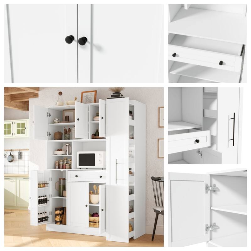Freestanding Kitchen Pantry Storage Cabinet Cupboard with Pull-Out Side Cabinet
