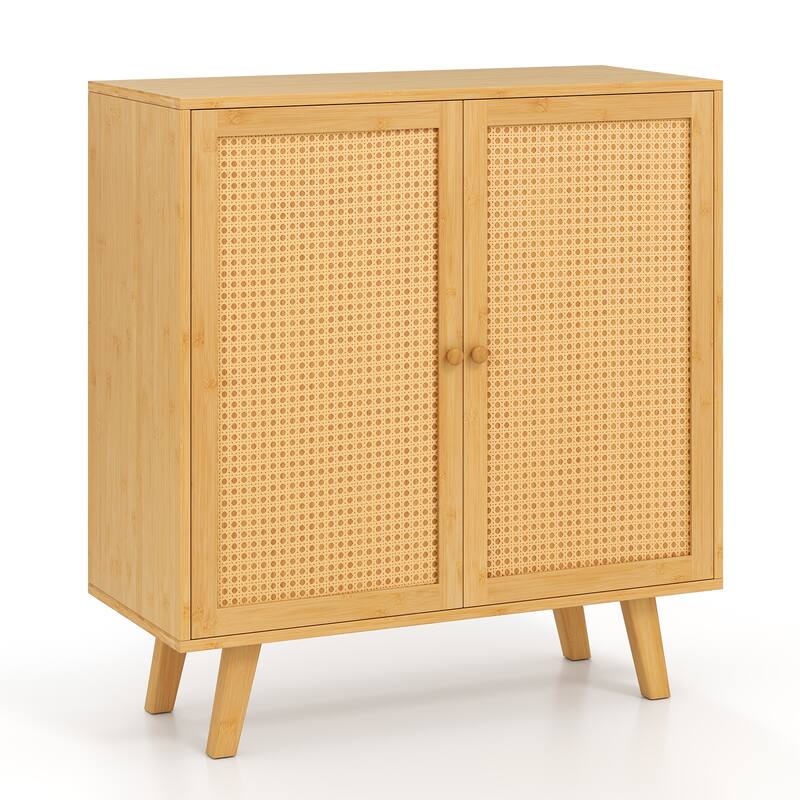 Gymax Bamboo Buffet Cabinet w/ PE Rattan Doors Freestanding Kitchen