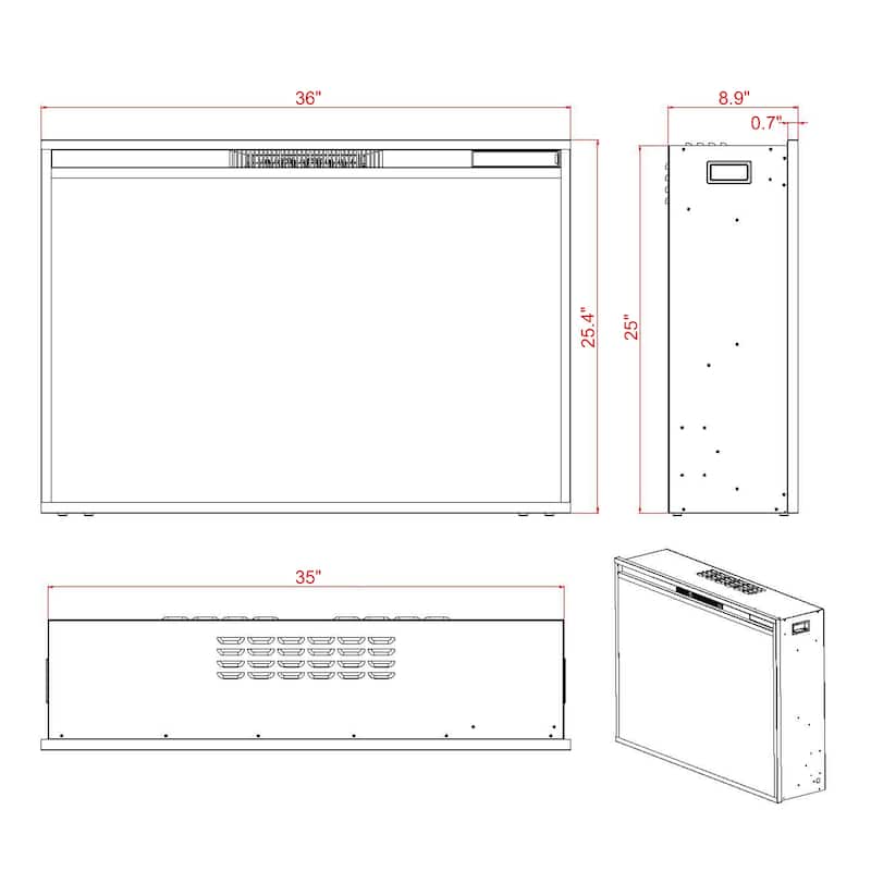 Modern Black Wall-mounted Electric Timer Fireplace with Remote