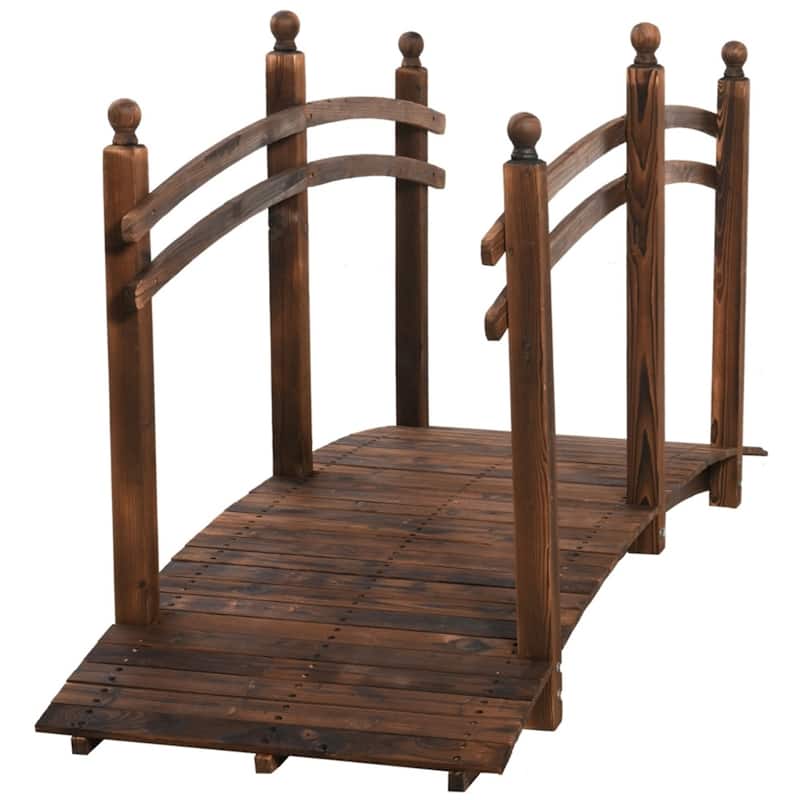 Solid Fir Wood Arch Garden Bridge with Side Rails for Gardens Ponds and Walkways Varnished Finish 505 lbs Capacity - Brown