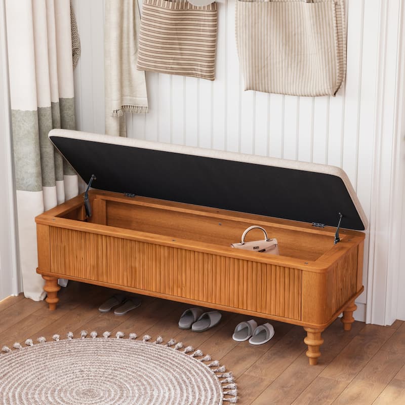 50.8-inch Multi-Functional Storage Ottoman Bench-Solid Rubberwood Bed End Bench with Linen Seat, Storage Bench for Bedroom