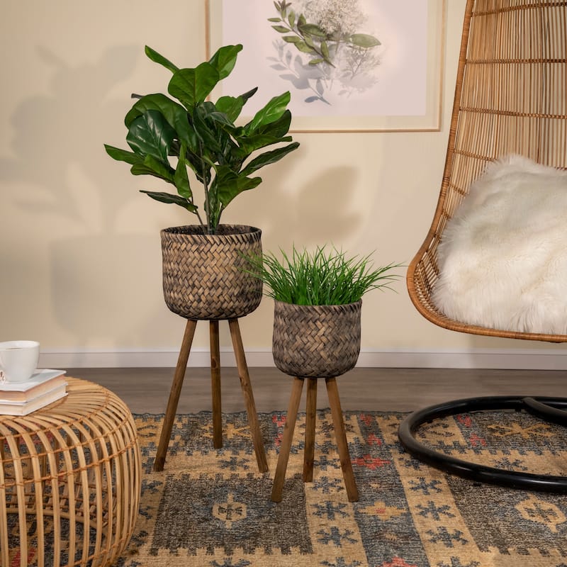 Sagebrook Home Neutral Boho Wicker Planter Stand Set, Versatile Indoor Garden Decor - 12"x12"x23" - Set of 2 Brown
