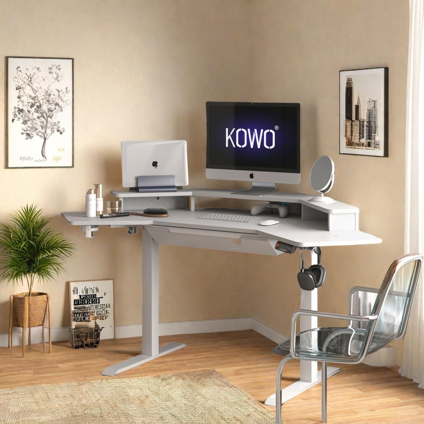 KOWO K314 Corner Electric Standing Desk L Shaped Height Adjustable Workstation for Home Office, Sit Stand Computer Desk