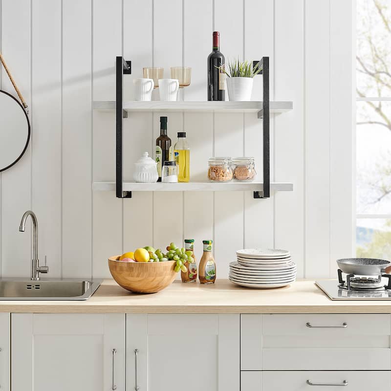 Danya B. Modern 2-Tier Hanging Bracket Wall Shelves in Black Metal and White Birch Finish