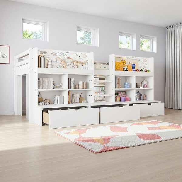 Twin XL Pine Wood Low Loft Bed with Multi-Storage Shelves, Curtain