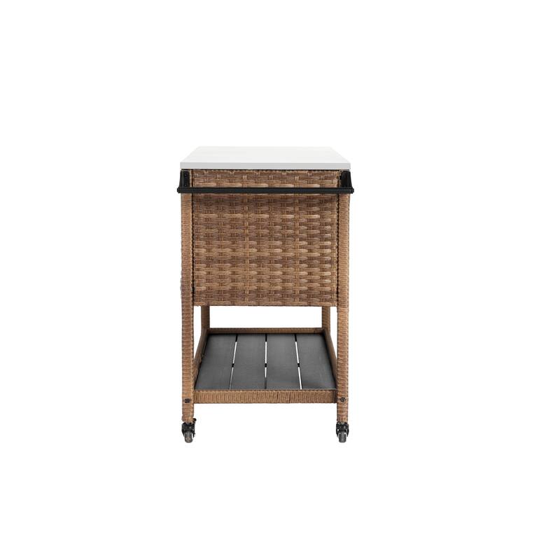 Outdoor Wicker Bar cart, Patio Wine Serving cart w/Wheels, Rolling Rattan Beverage Bar Counter Table w/Glass Top