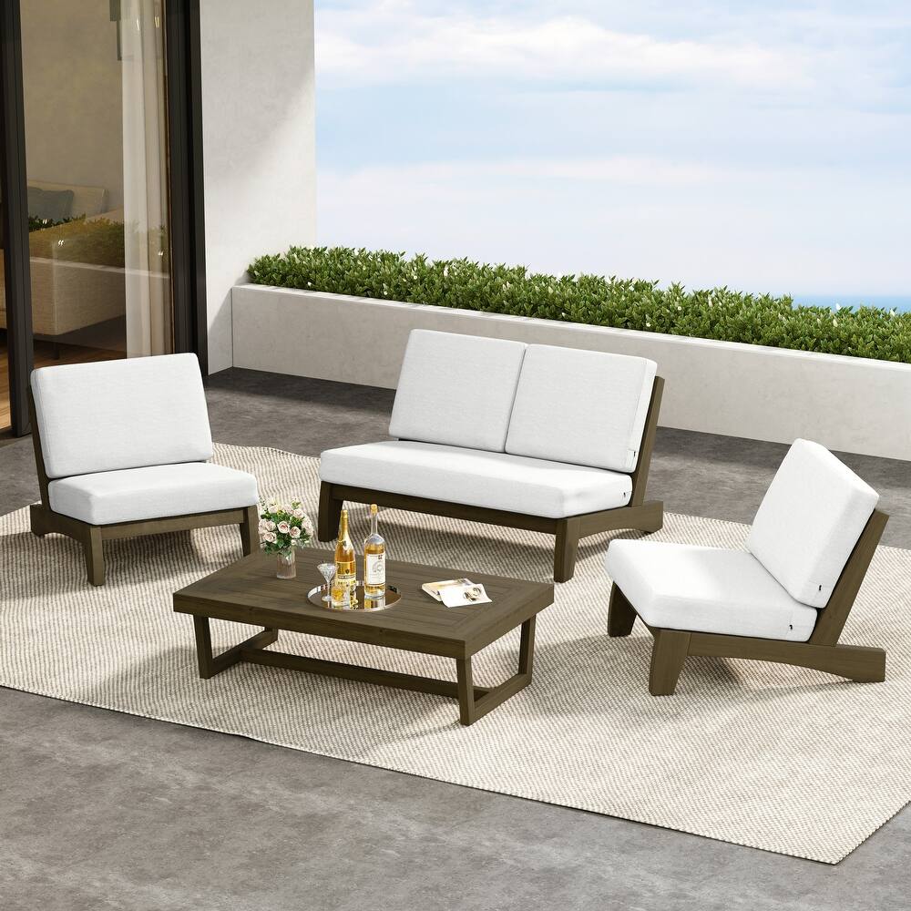 4 Pieces Wood Sectional Sofa Patio Conversation Set With Cushion