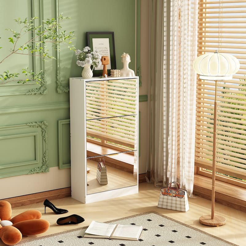 Timechee Shoe Cabinet with 3 Mirrored Flip Drawers, Free Standing Slim