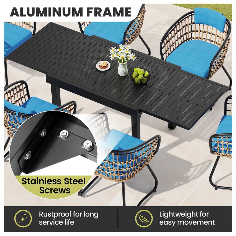 5/7/11-Piece Set Outdoor Aluminum Extendable Patio Dining Table Set with Rattan Chairs