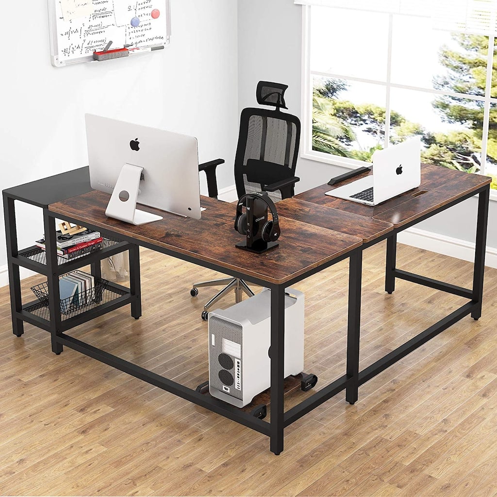 L-shaped Drafting Drawing Table with Tiltable Tabletop, Corner Computer Desk with Storage Shelves for Home Office