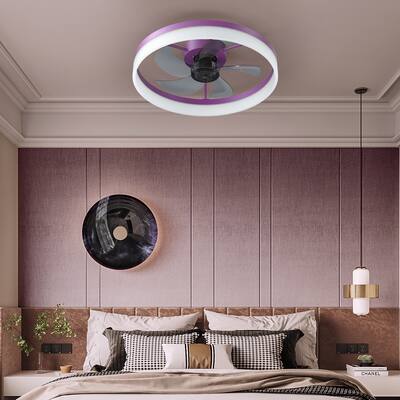 Modern Flush Mount Dimmable Ceiling Fan Light for Bedroom Living Room, 6 Speeds Ceiling Fan with Light, Purple