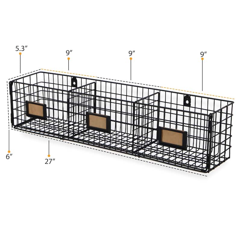 Metal Wall Basket, 3 Sectional Wall Organizer Rack, Set of 2, Black