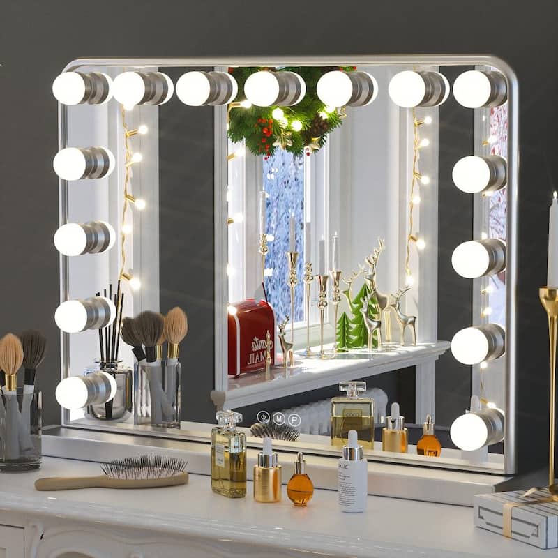 Keonjinn LED Makeup Hollywood Vanity Mirror with 15/18 LED Lights - 23x18 - Silver
